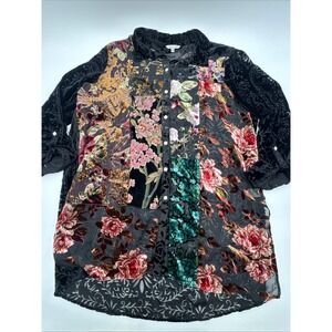 John Mark Womens Patchwork Multi Floral Velvet Burnout Sheer Blouse Top Size XL